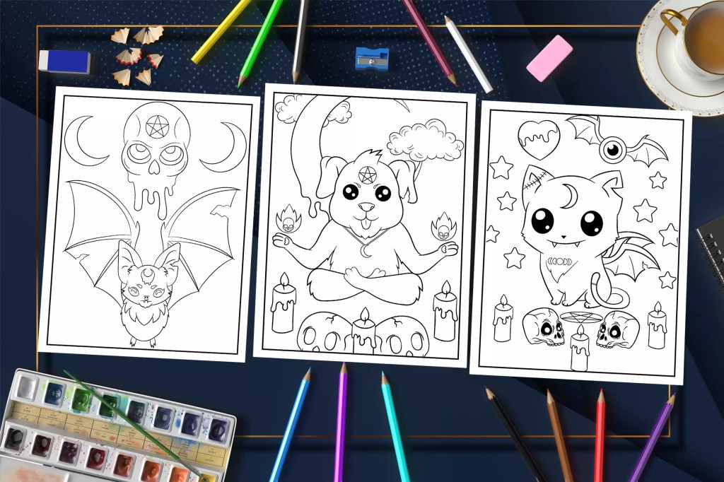 Creepy Kawaii Pastel Goth Coloring Book: Cute Horror Spooky Chibi Coloring Pages for Adults and Teens Mockup 2