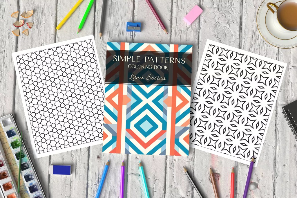 Simple Patterns Coloring Book: Repetitive Geometric Patterns for Relaxation and Stress-Relief Mockup Illustration 1