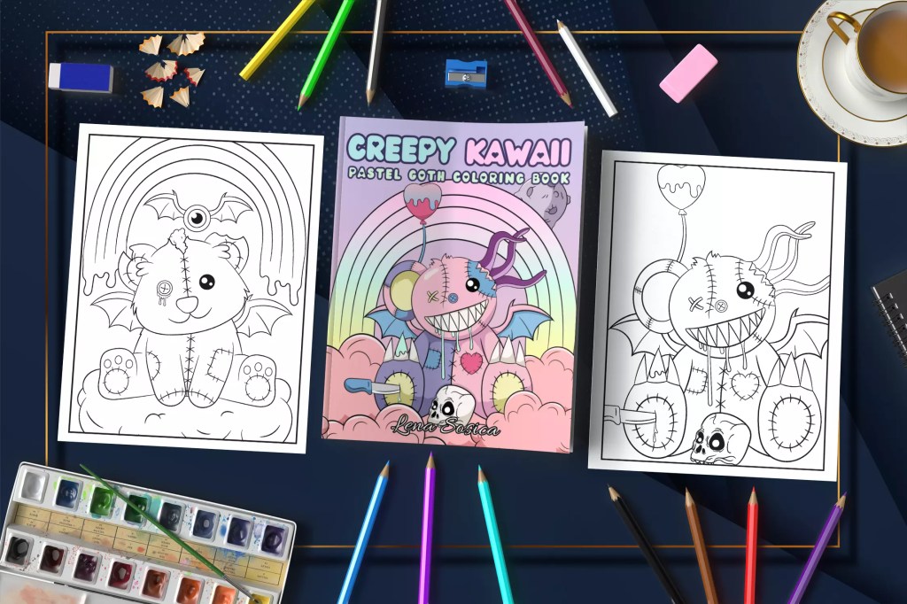 Creepy Kawaii Pastel Goth Coloring Book: Cute Horror Spooky Chibi Coloring Pages for Adults and Teens Mockup 1