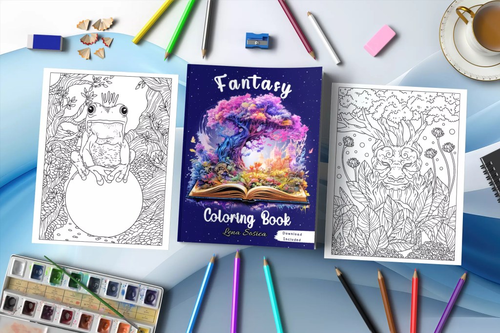 Fantasy Coloring Book: Journey Through Enchanted Realms Mockup 1