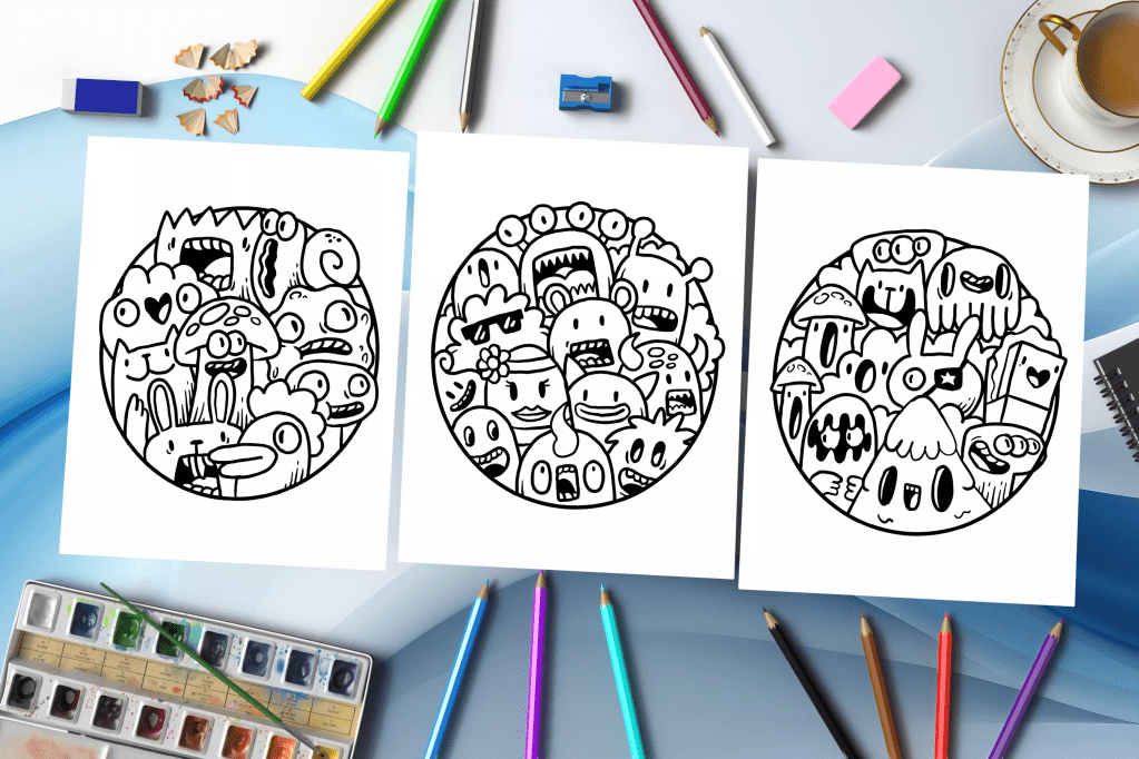 Doodle Coloring Book: Get Ready to Giggle: Colorful Adventures with Hilarious Doodle Characters Mockup