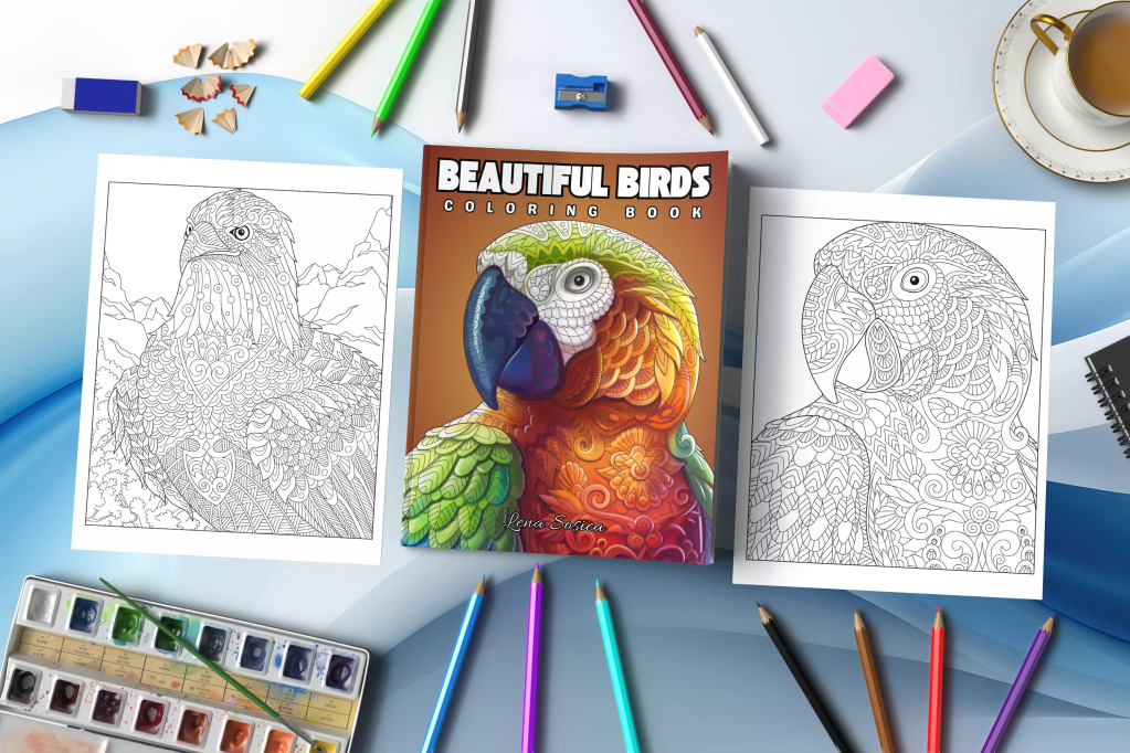 Beautiful Birds Coloring Book: Explore the Mesmerizing World of Mandala Patterned Birds and Awaken Your Creativity Mockup