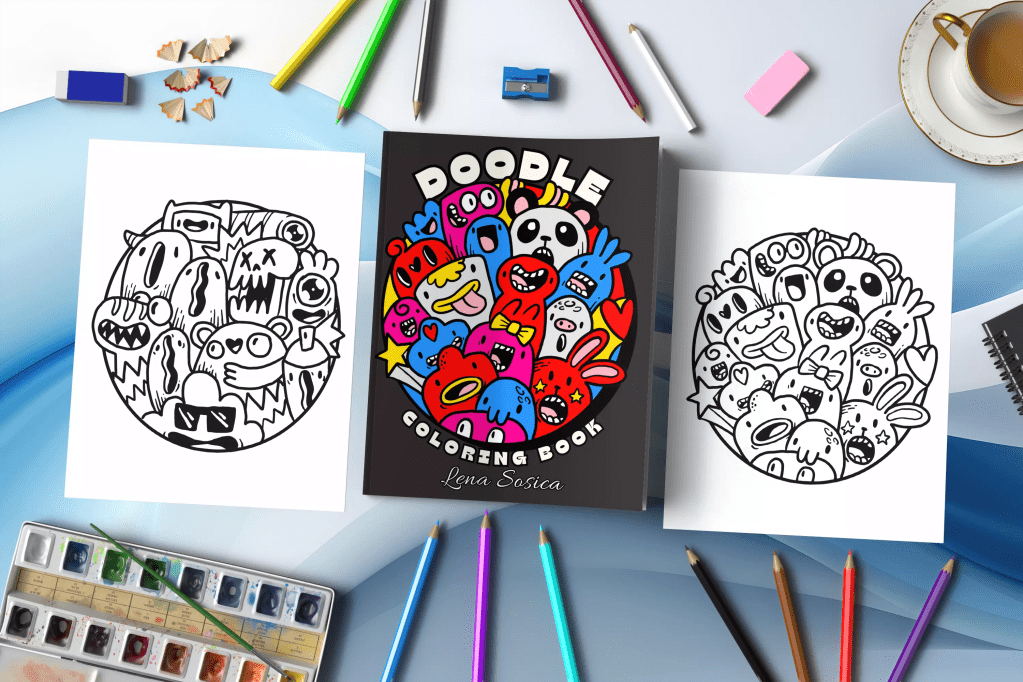 Doodle Coloring Book: Get Ready to Giggle: Colorful Adventures with Hilarious Doodle Characters Mockup