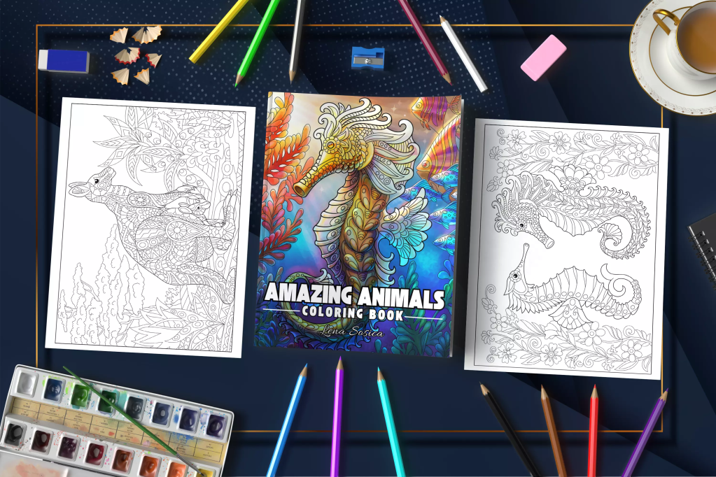 Amazing Animals Coloring Book: Explore the World of Mandala Pattered Animals for Stress Relief and Relaxation Mockup